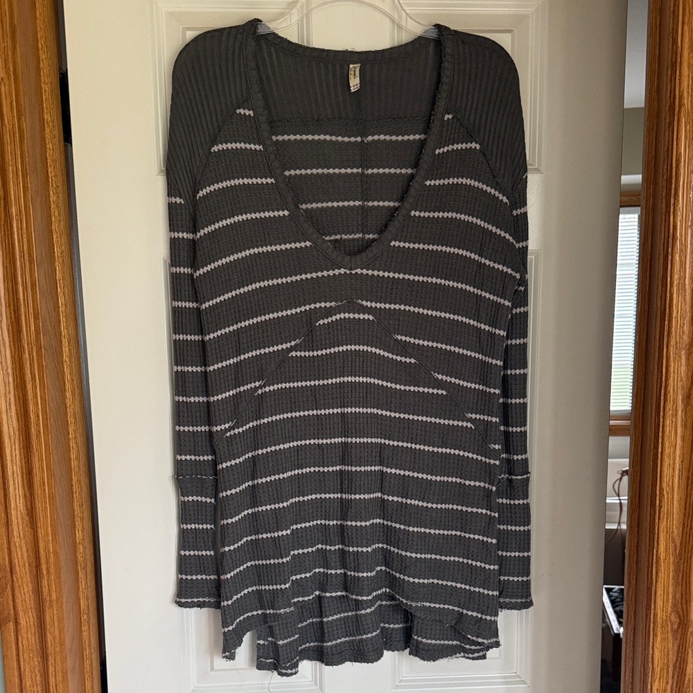 Free People olive & White Striped V-Neck Tunic Top